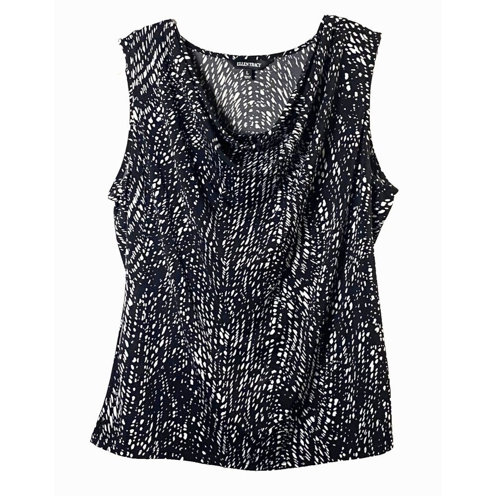 Ellen Tracy Abstract Printed Canglo Tank Top Size Large Black White Cowl Neck